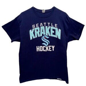 Seattle Kraken T-Shirt Men's Large Navy Blue Hanes Cotton Blend NHL Hockey Tee